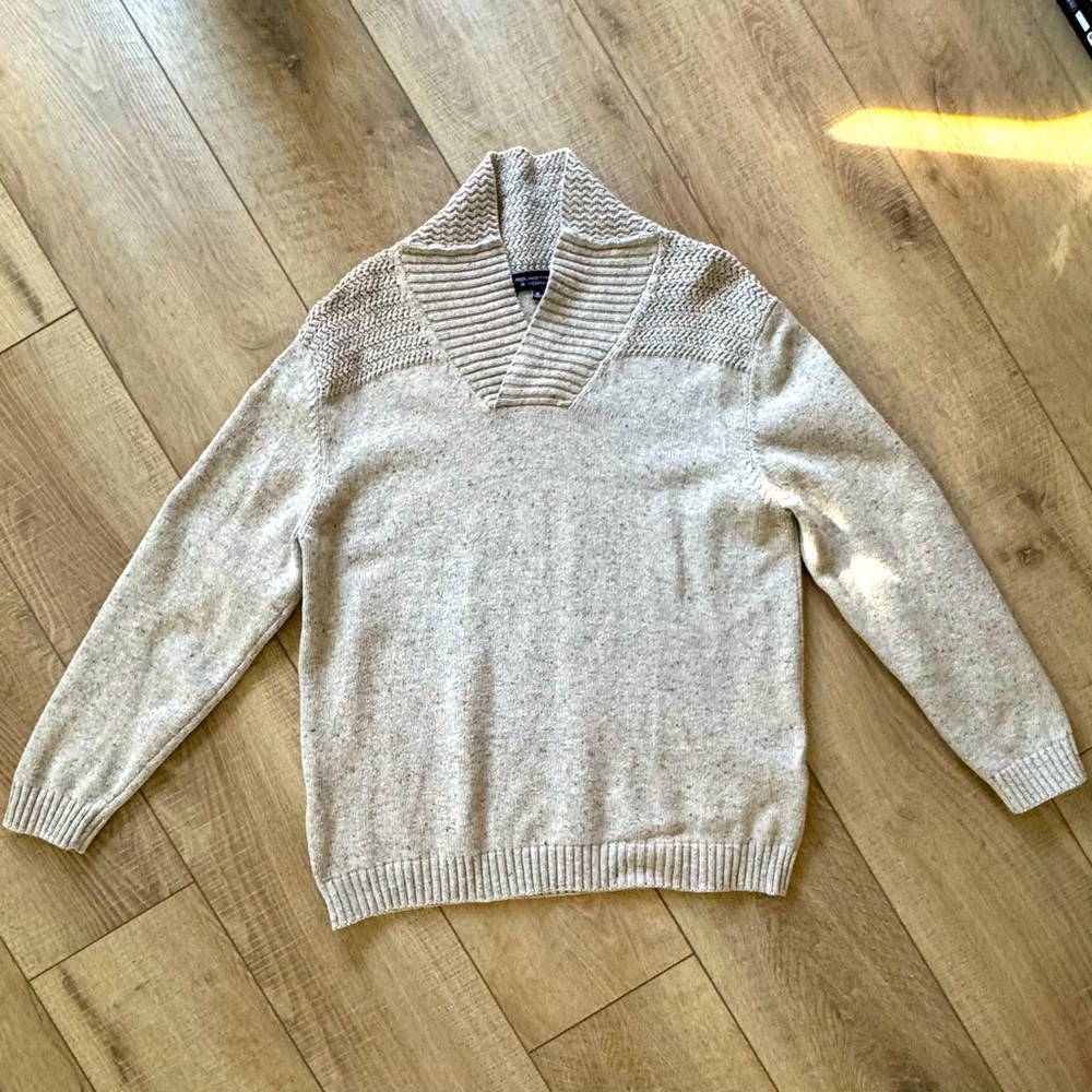 Men's Cotton Wool Knit Pullover Long Sleeve Cream Sweater Shawl Neckline XL